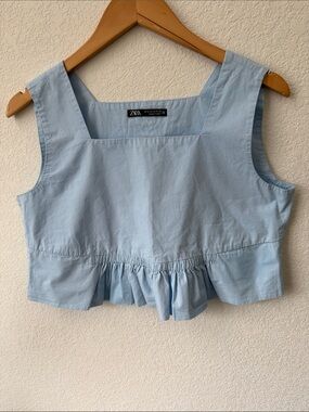 Zara Light Blue Square Neck Peplum Crop Top